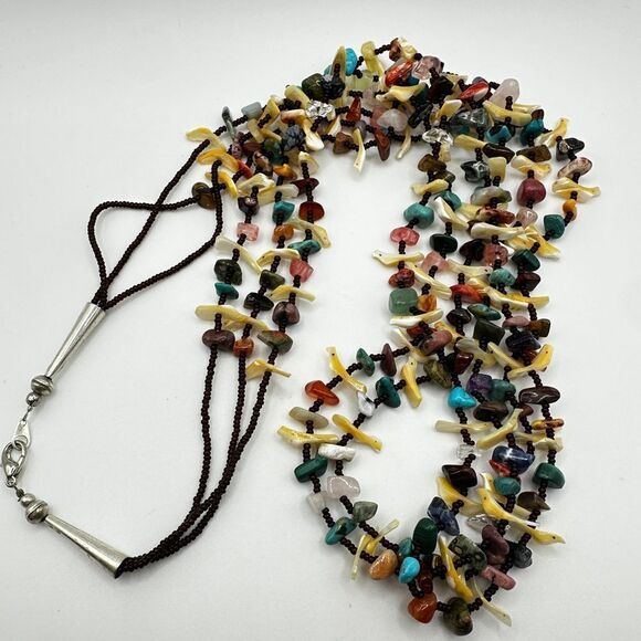 34" Zuni-style fetish, 3-strand, multi-chip stone and seed bead necklace! - Picture 12 of 12